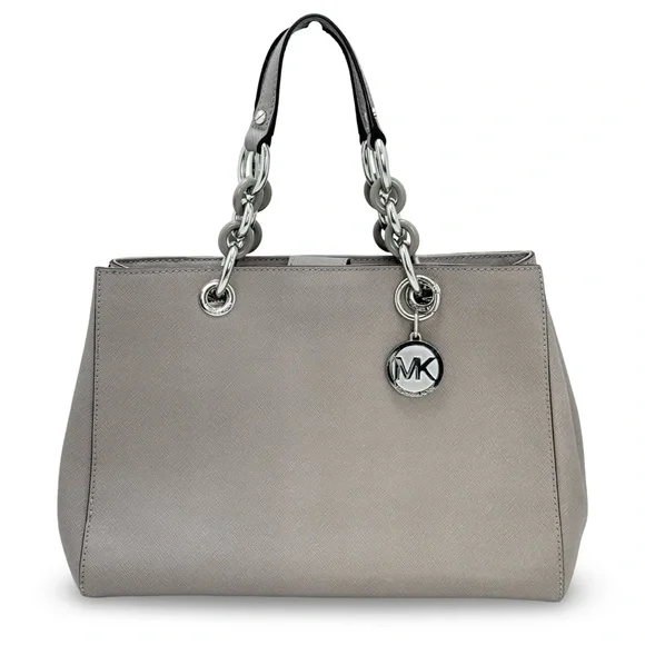 Michael Kors Cynthia Satchel Gray Saffiano Leather Chain Tote MK Charm - Picture 1 of 12